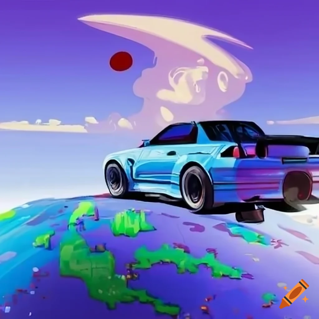 Cartoon world with a nissan skyline r34