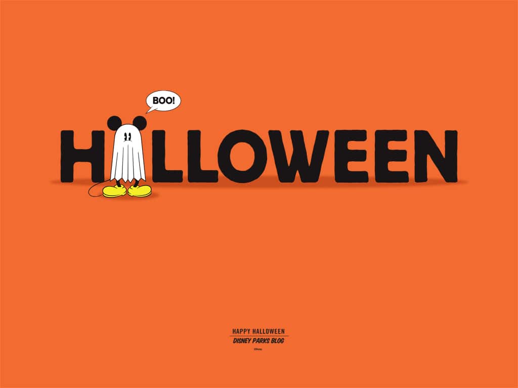 A mickey mouse ghost standing in front of the word Halloween. - Disney, Halloween desktop, cute Halloween, happy, magic