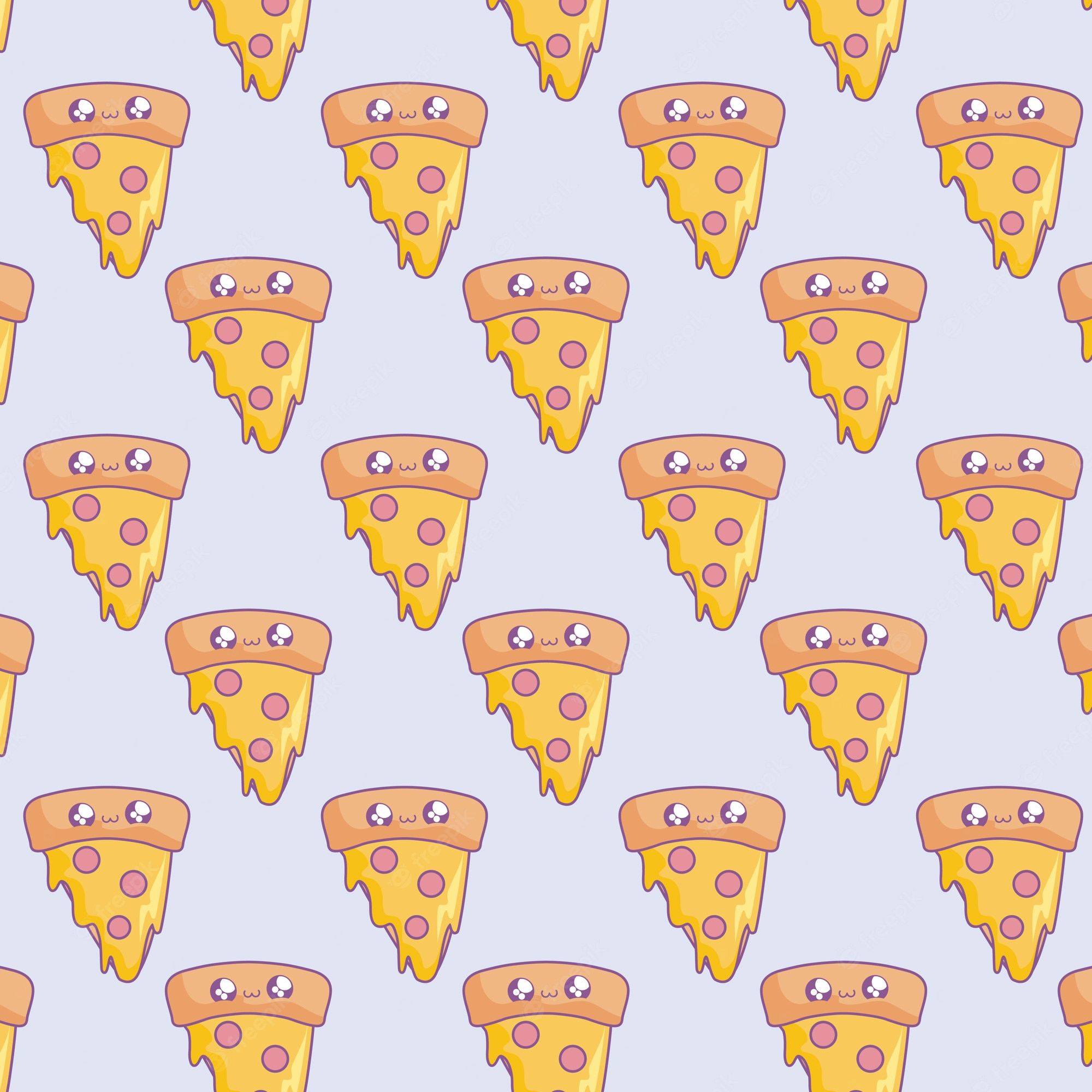 This image is a seamless pattern of pizza slices with cheese and pepperoni, in a kawaii style with eyes and eyelashes. - Pizza