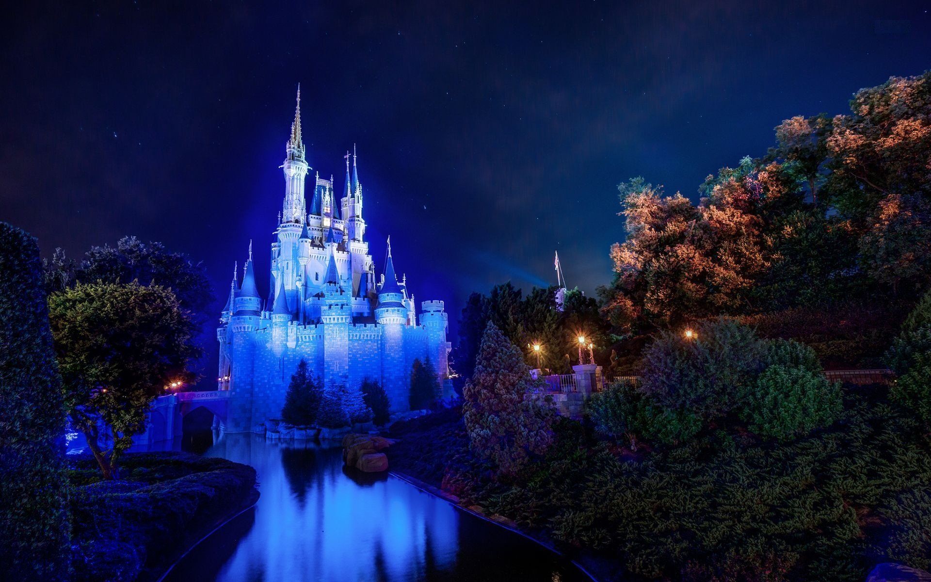 A nighttime view of the castle at Disney World. - Disney, Disneyland
