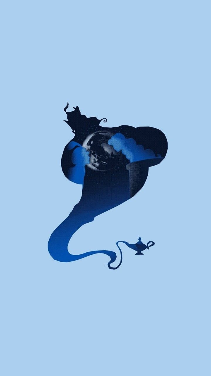 A blue and white poster with an image of the genie - Disney