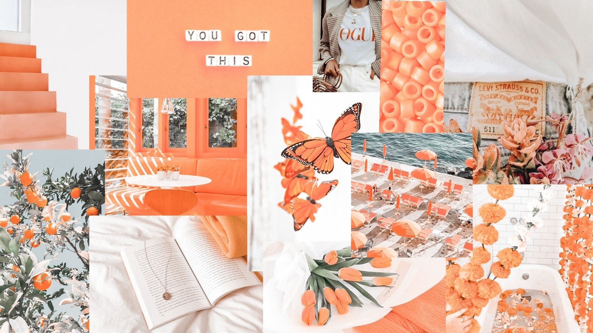 A collage of orange aesthetic images including flowers, a butterfly, a book, and a living room. - Dark orange