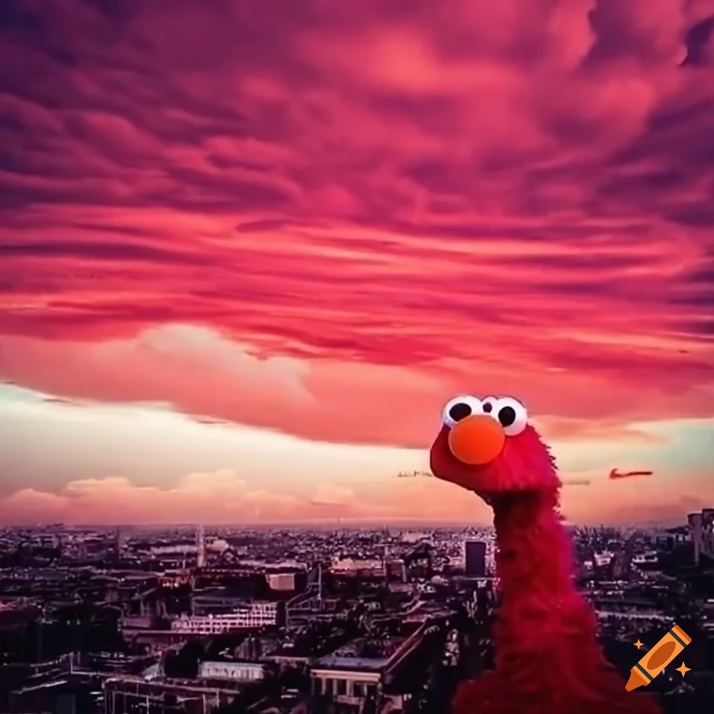 Elmo towering over a city with red