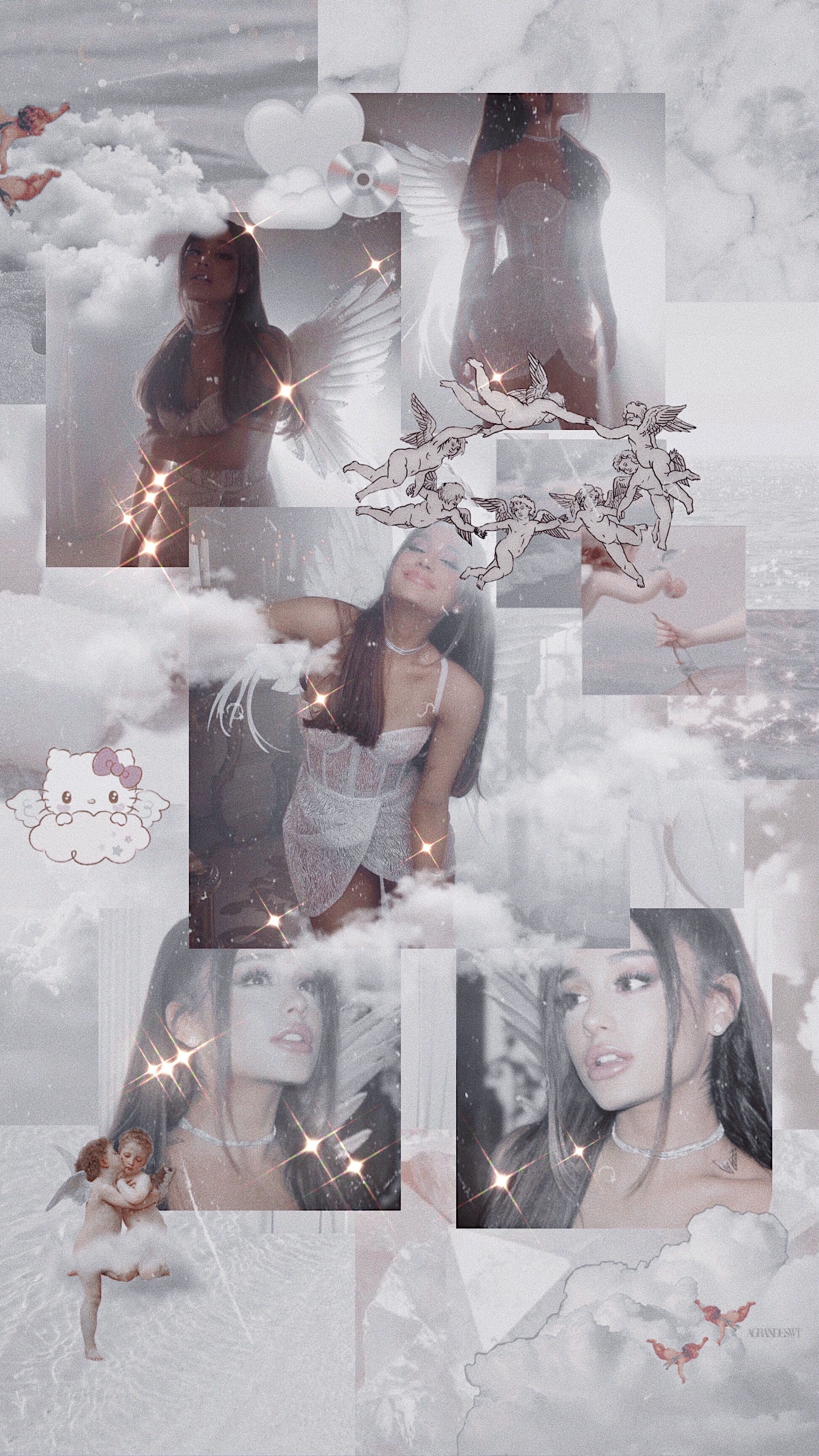A collage of pictures with clouds in the background - Ariana Grande