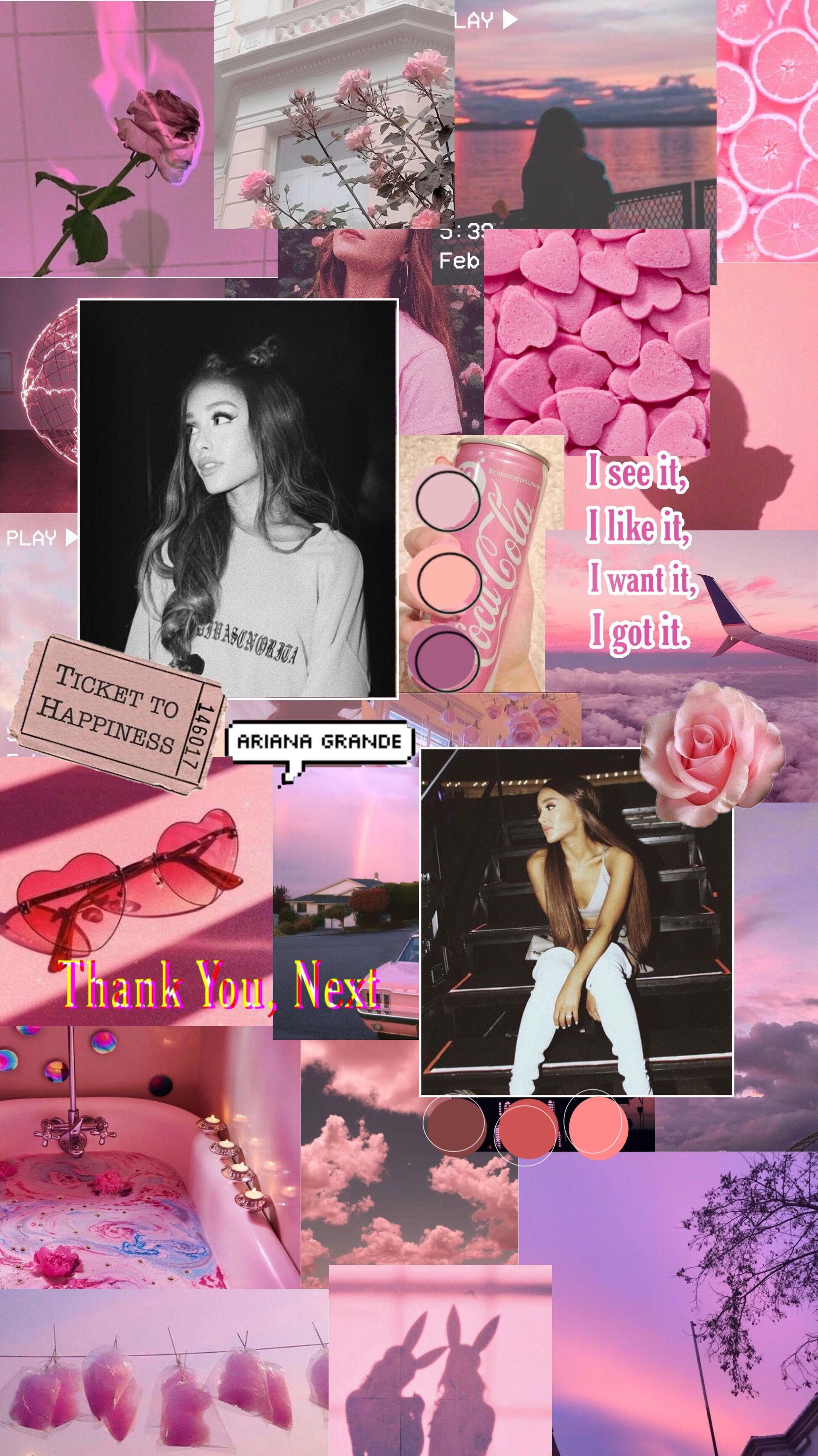 A collage of pictures with pink and purple backgrounds - Ariana Grande