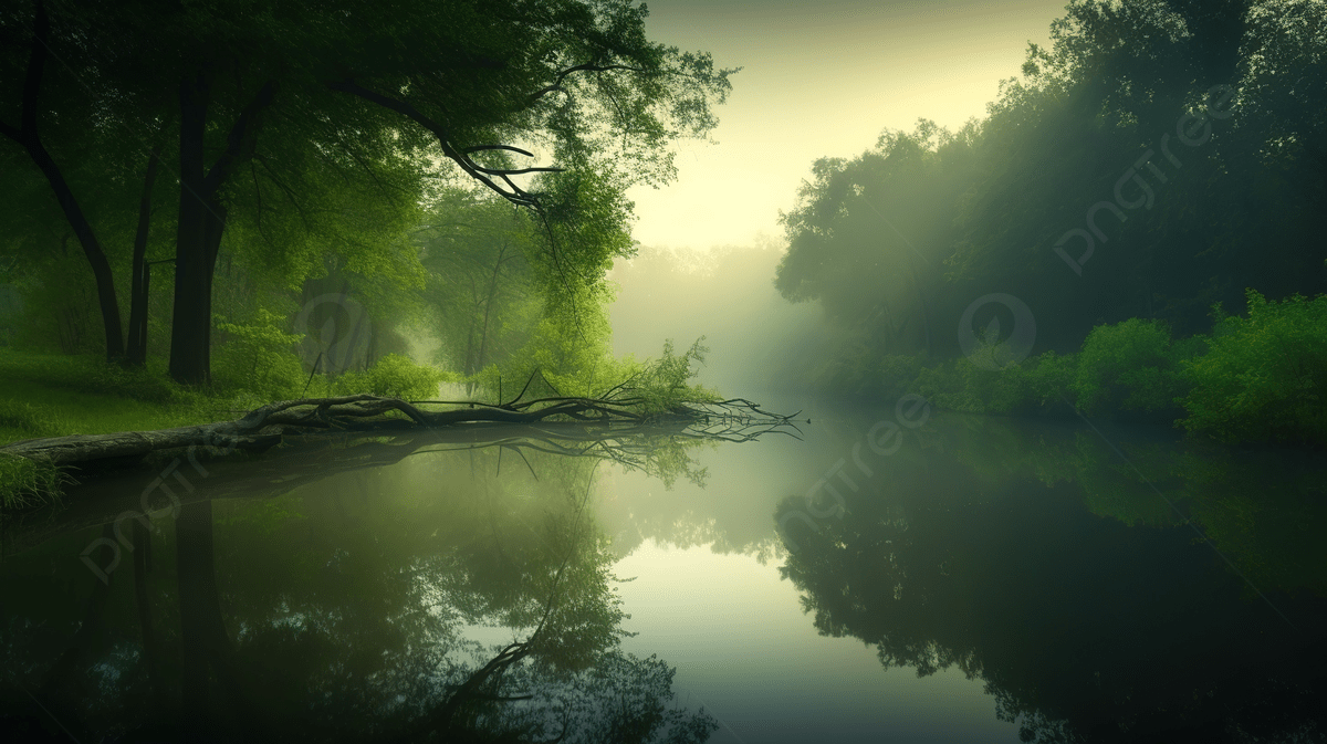 Misty Forest River On A Green Treeline