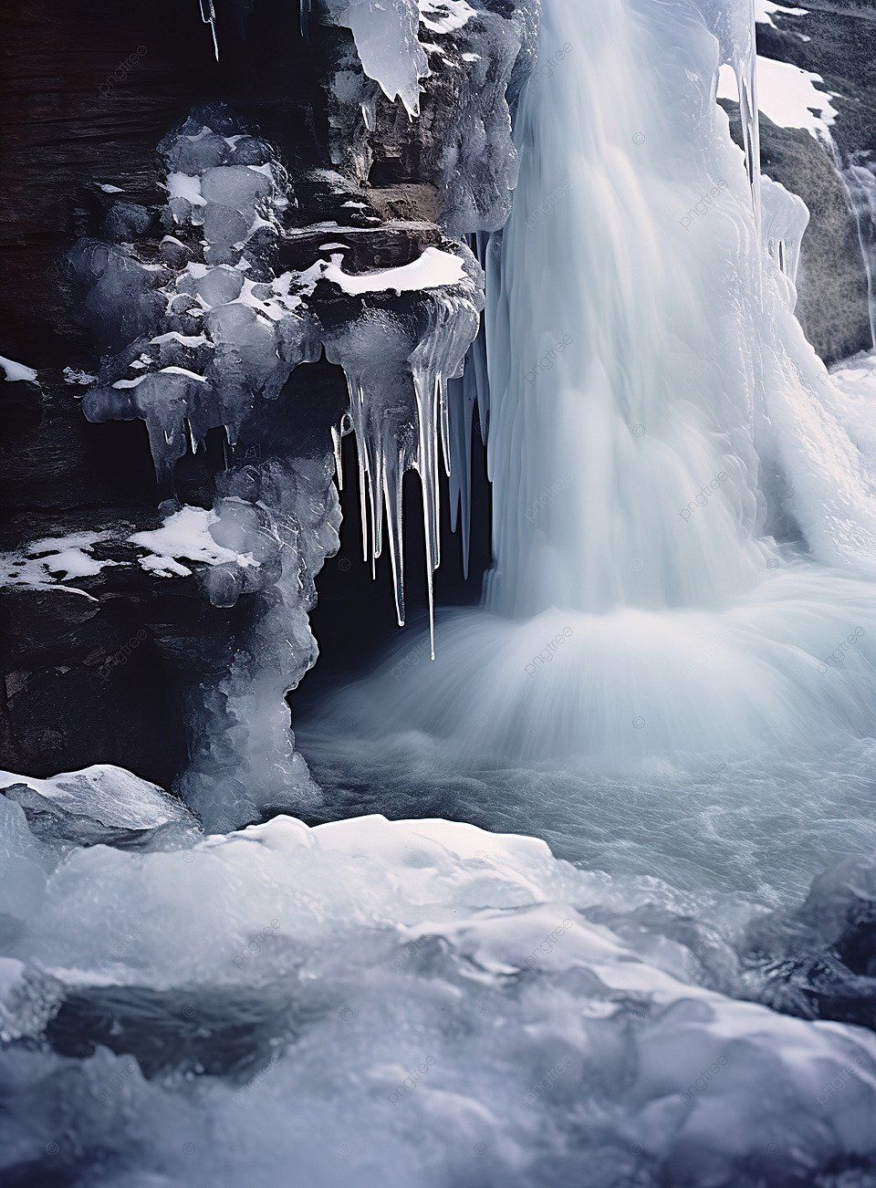 An Icy Waterfall Coming Out Of A Cave