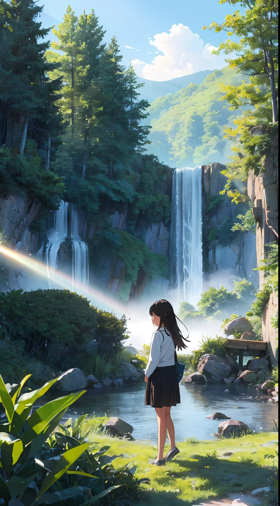 Anime girl looking at waterfall with a