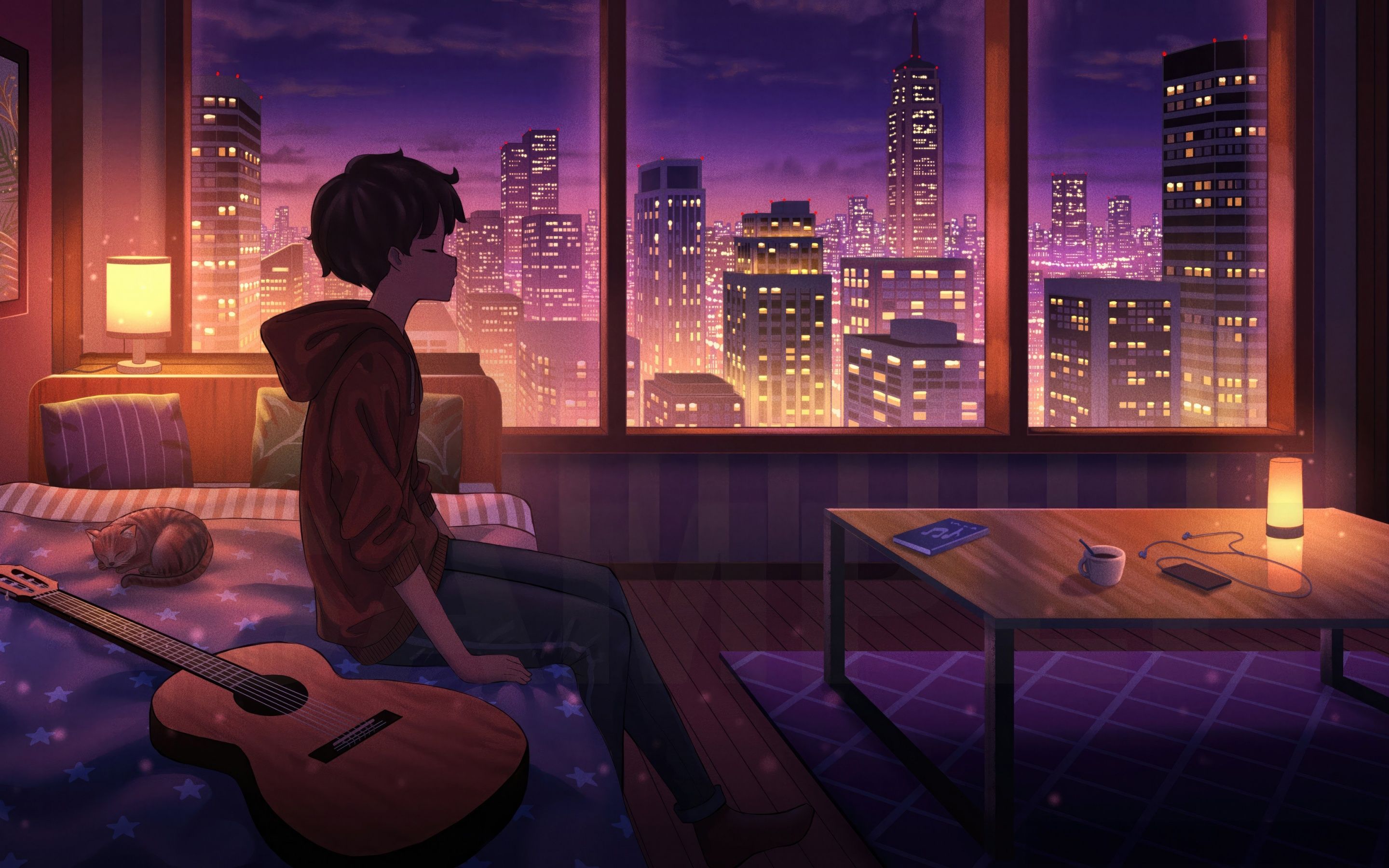 Lofi boy Wallpaper 4K, Guitar, Lonely