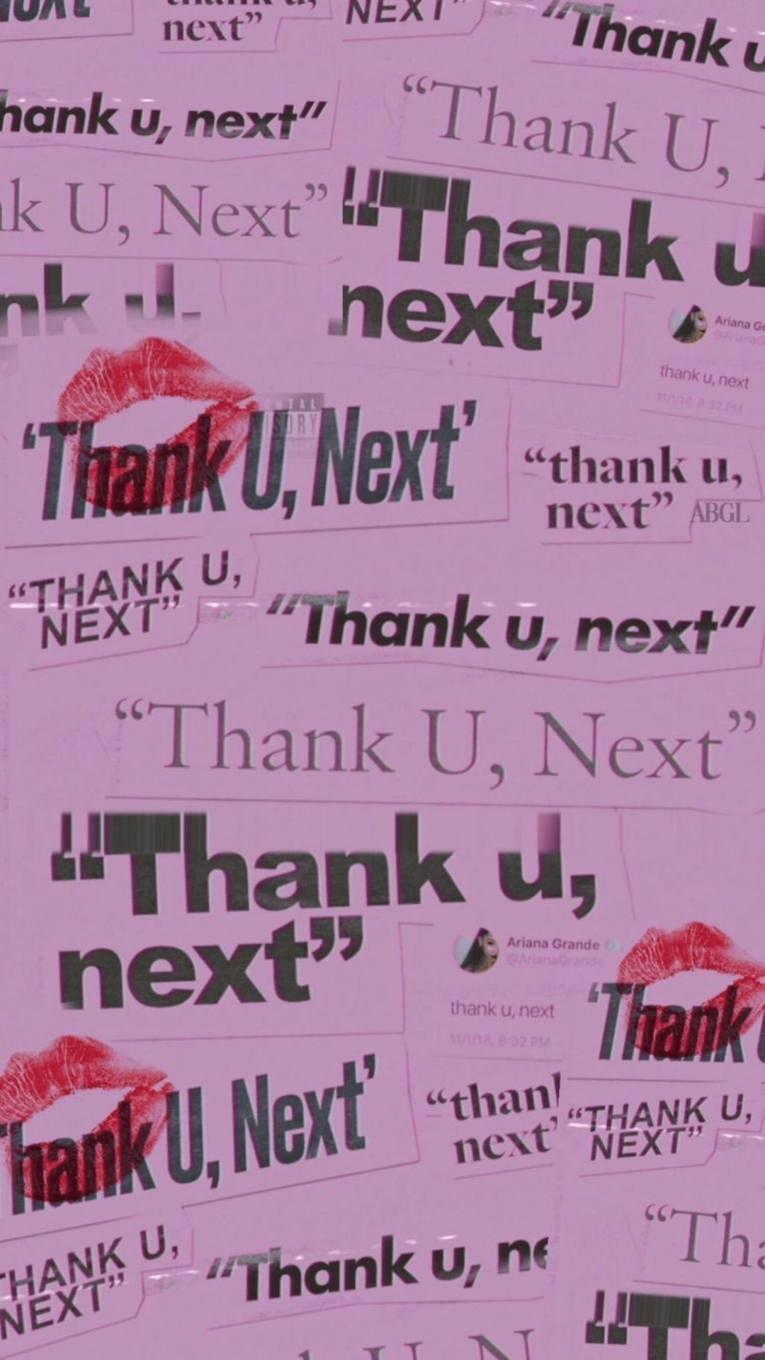 A collage of the Thank U, Next album cover in pink with Ariana's signature lipstick mark on the top left corner. - Ariana Grande