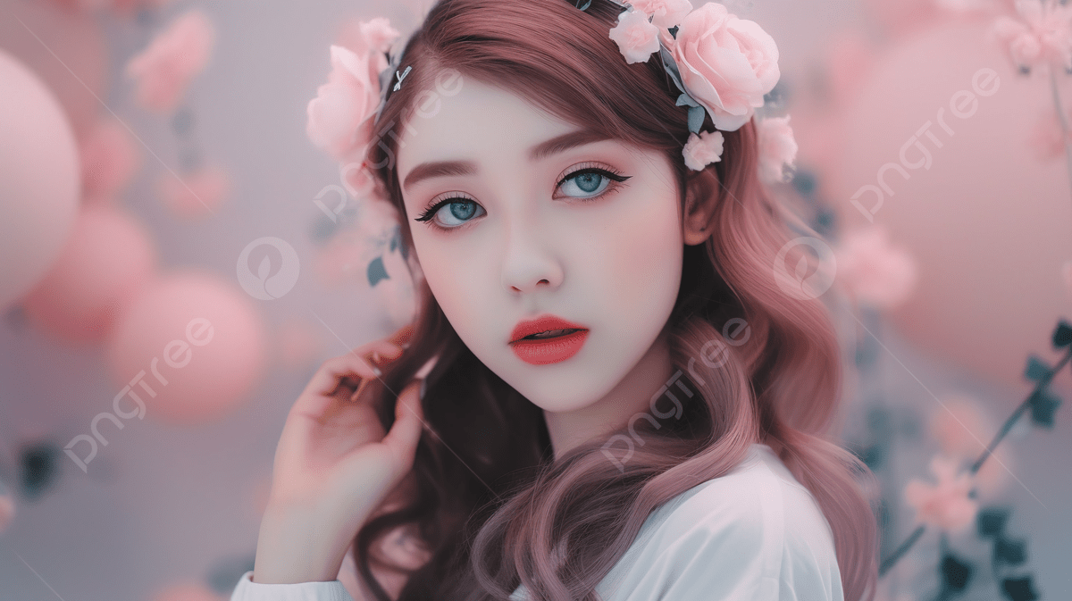 Korean Girl In Flower Crown With Light