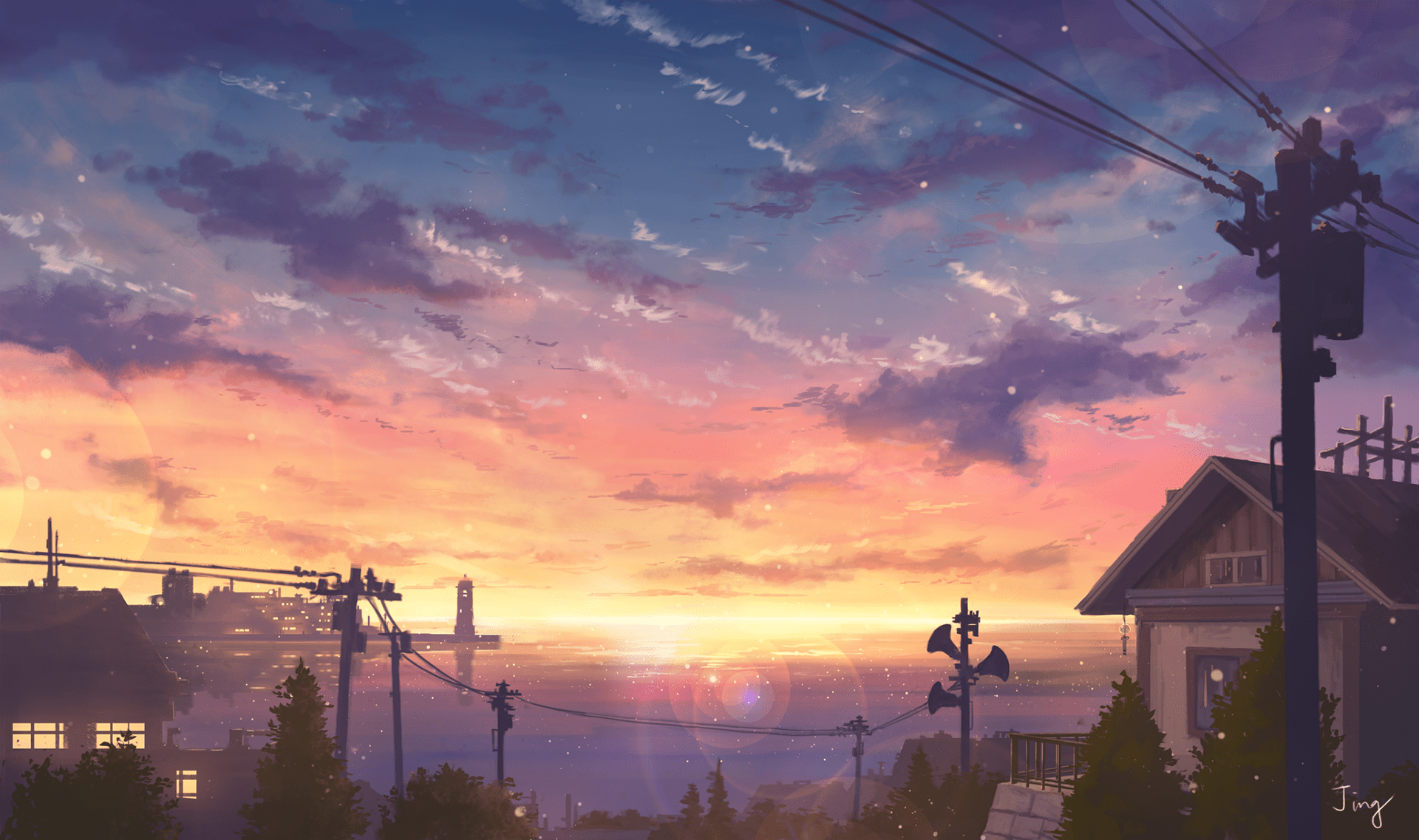 Anime Coastal Town at Sunset