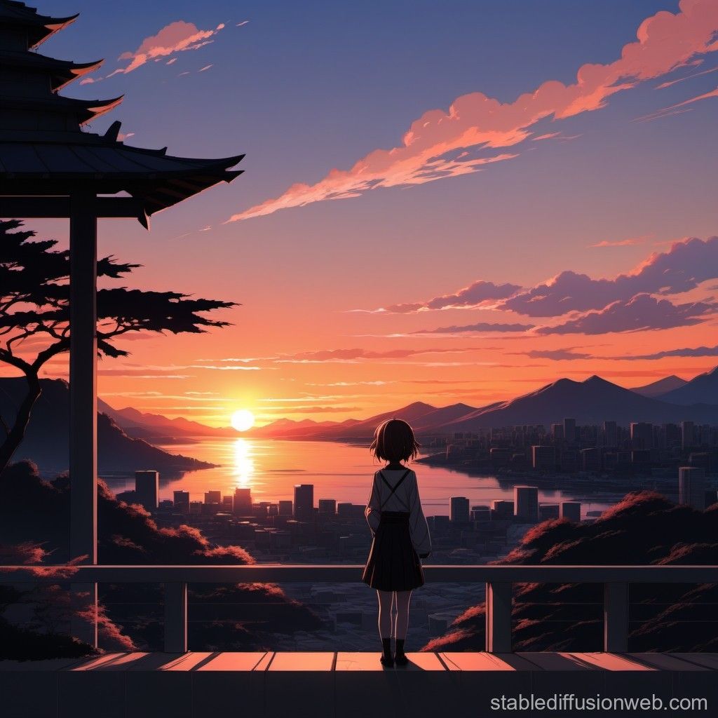 Anime Sunset Scenery Outline. Stable