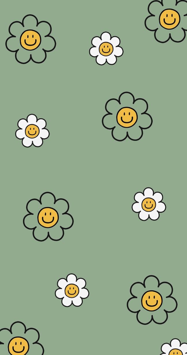 Cute Smiley Daisy Pattern Sage Green Background : Floral Aesthetic Kawaii Wallpaper