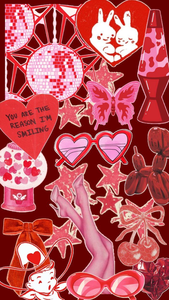 Red Valentine Collage Wallpaper : Disco Hearts, Pink Butterfly & Retro Love Aesthetic