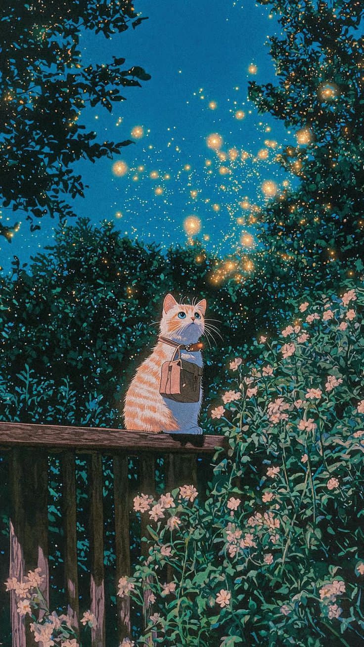 Nature background cat painting. Studio ghibli cat wallpaper, Cat aesthetic wallpaper, Cute wallpaper