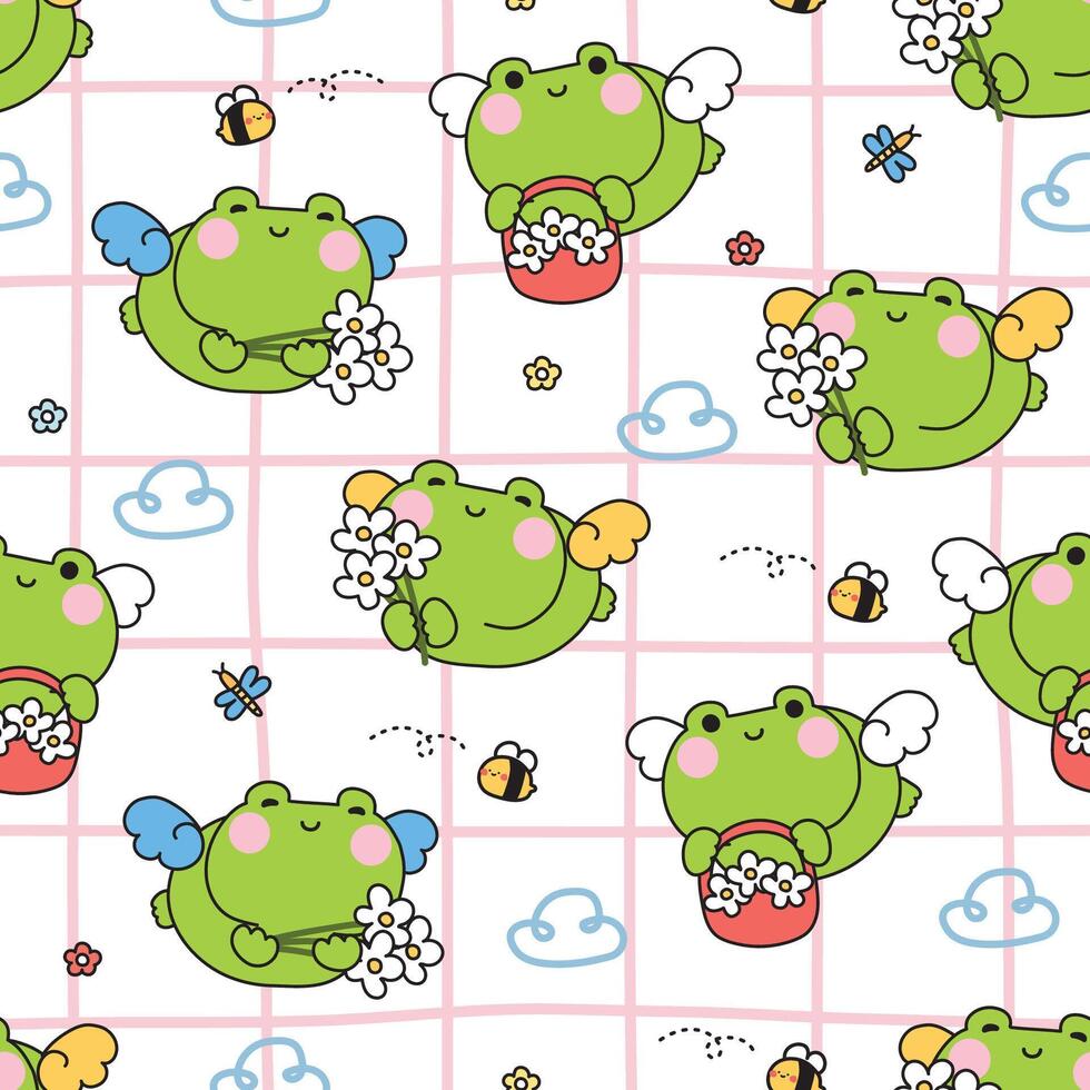 Seamless pattern of cute frog angel with hold flower to fly background.Animal reptile cartoon hand drawn.Bee, cloud, dragonfly.Spring and summer.Blooming floral.Isolated.Kawaii.Illustration