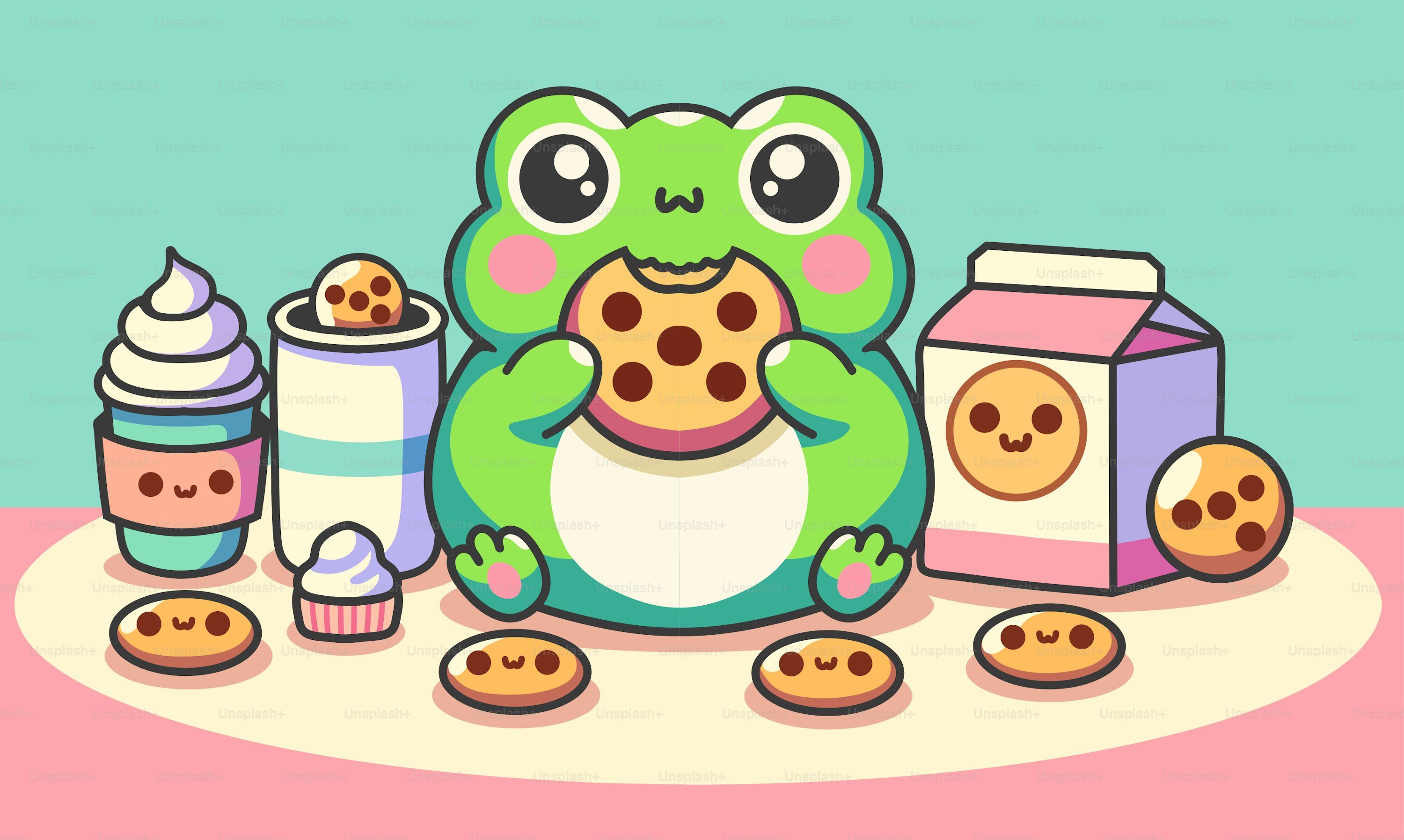 Cute frog eats cookies with snacks and milk Illustration+