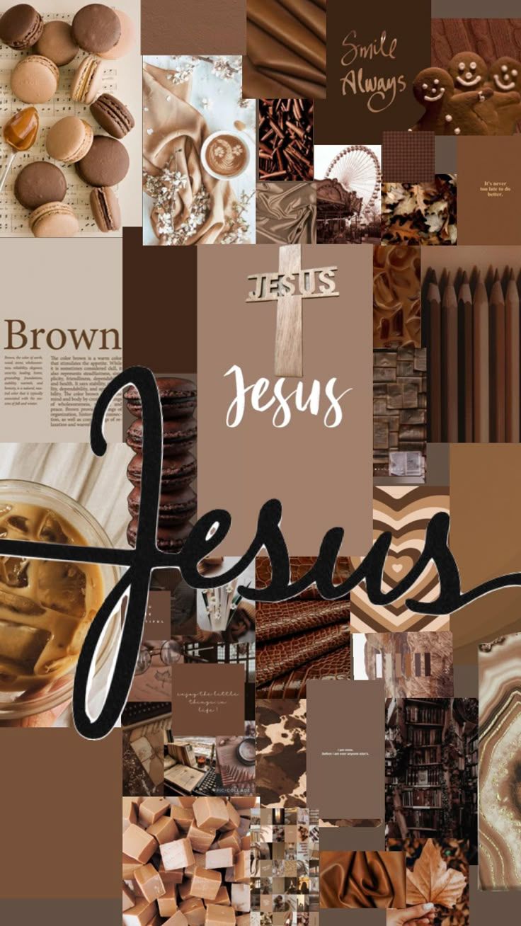 God is Good Wallpaper with Food and Desserts Aesthetic. Brown aesthetic collage with jesus text