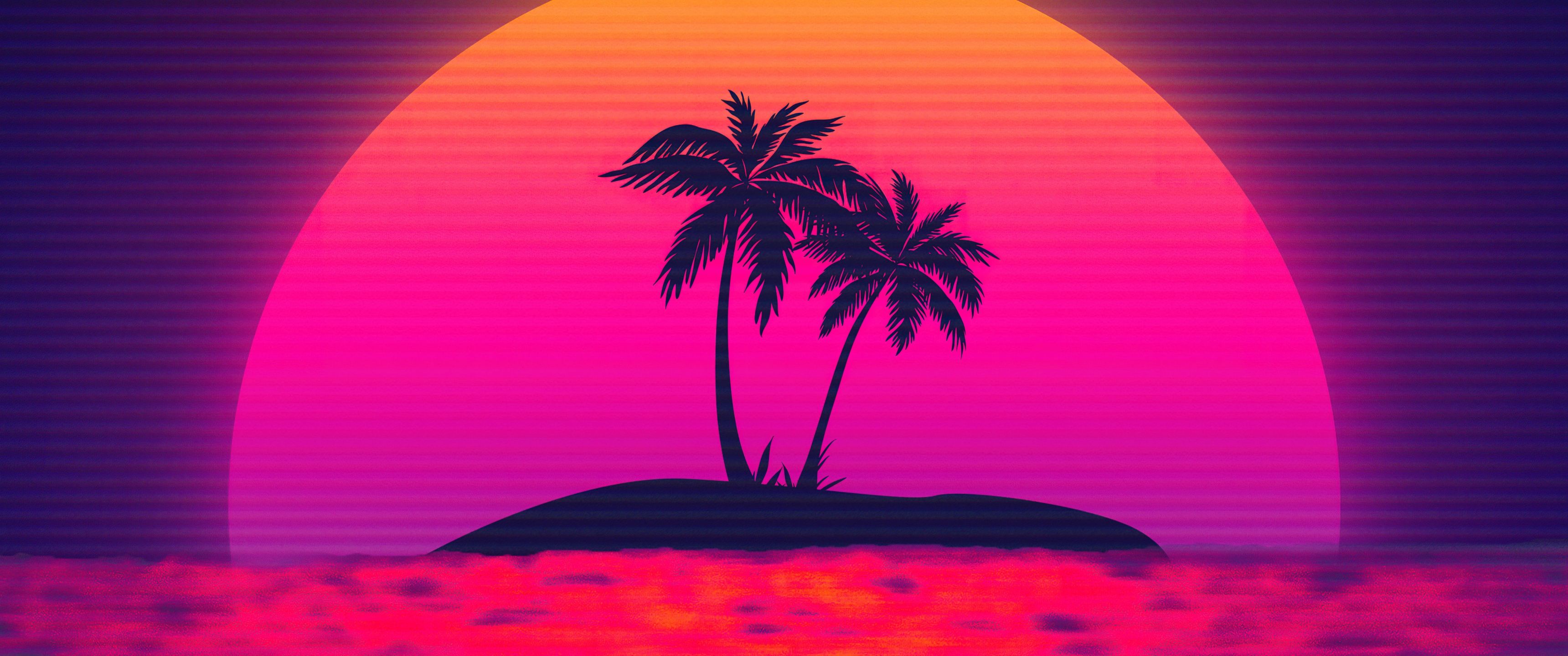 Vaporwave Wallpaper 4K, Sunset, Palm trees, Island, 5K