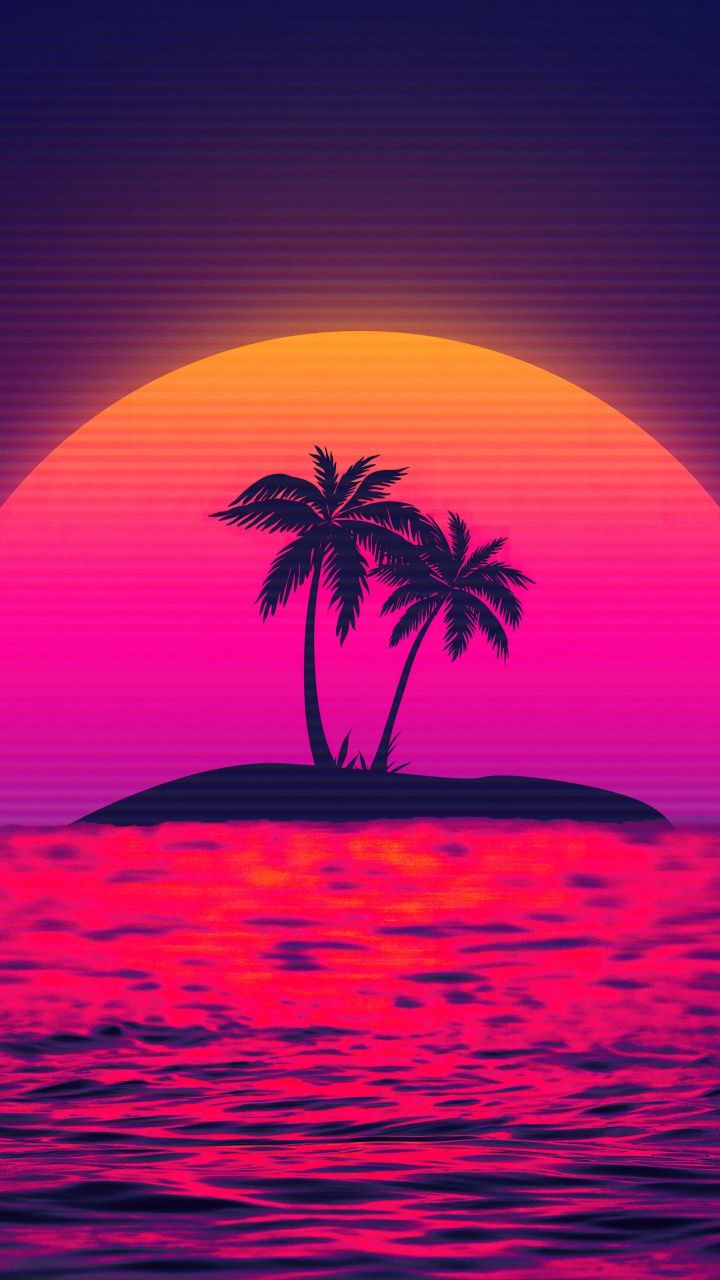 Vaporwave Wallpaper 4K, Sunset, Palm trees, Island, 5K