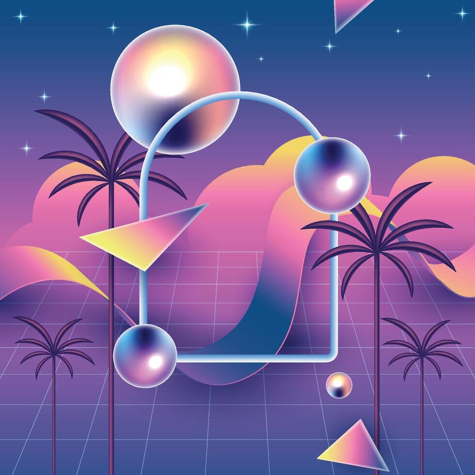 Synthwave Retro Futurism Holographic Grid, Palm Trees, and Vaporwave Aesthetic