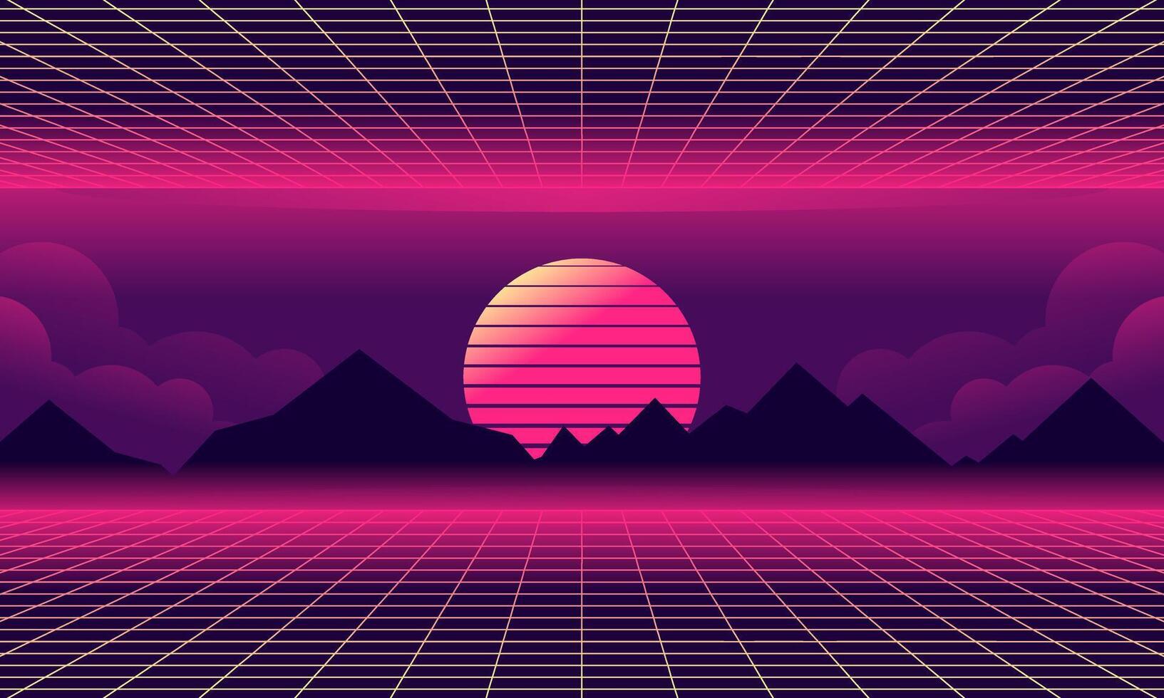 Vaporwave Landscape Illustration. Retro Landscape Skyline With Neon Light Grid Sun And Mountain Sci Fi Futuristic Concept For Background And Wallpaper