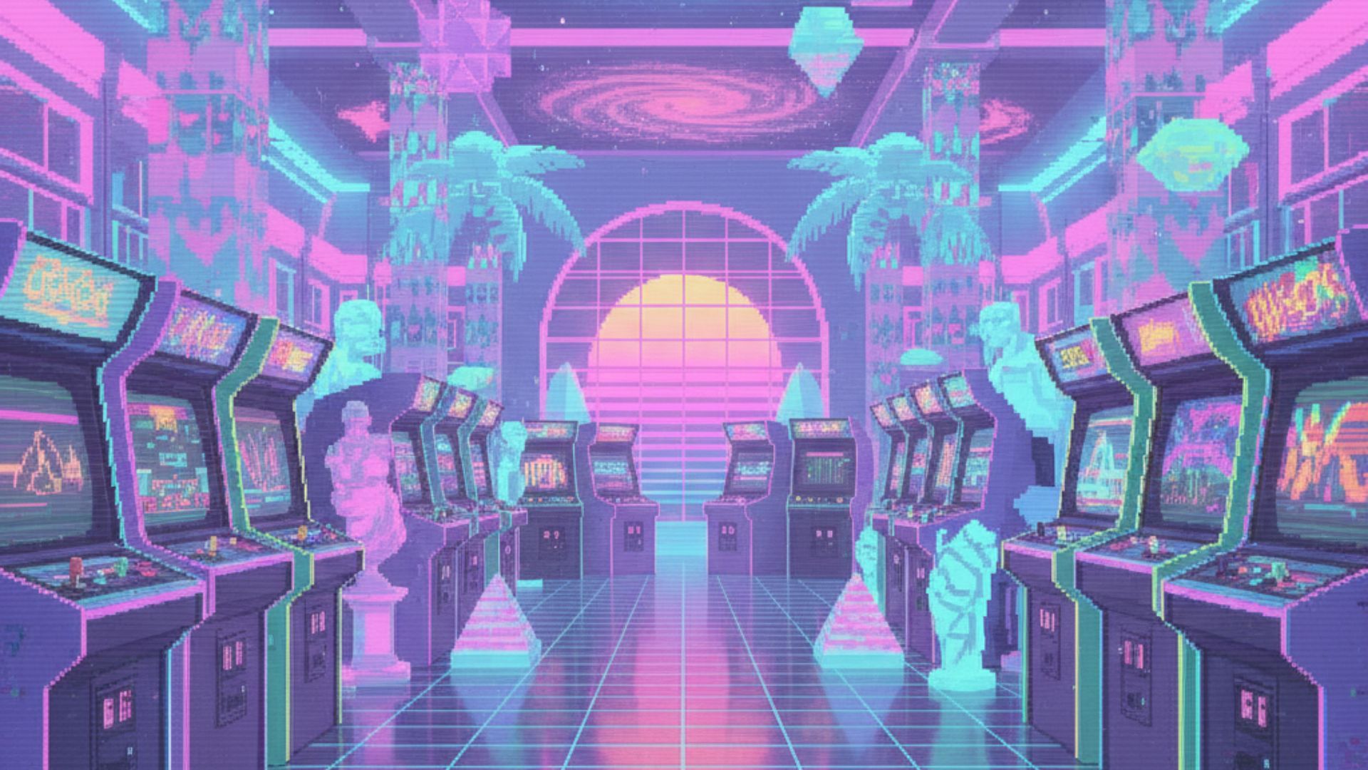 Surreal vaporwave arcade room filled with pastel lights and old CRT screens HD vaporwave Wallpaper