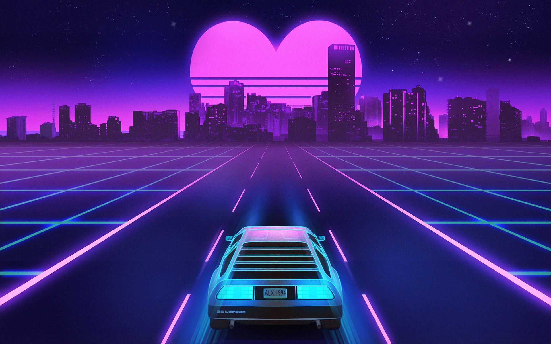 Desktop wallpaper: Vaporwave, Retro Wave, Neon, Chillwave, Car, Heart, Artistic, Delorean, Outrun, Town 4K free download for PC. 835546