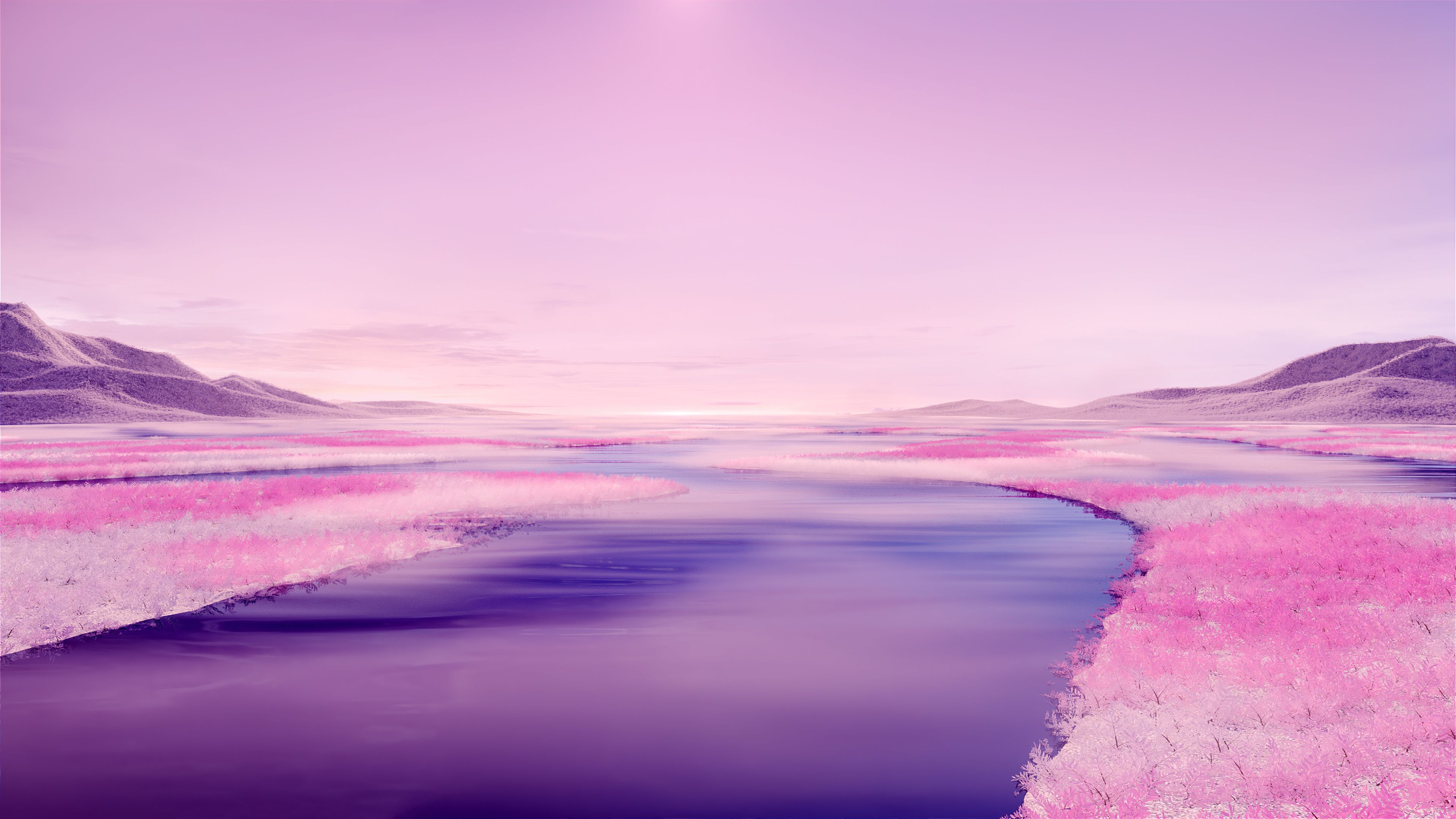 Pink aesthetic Wallpaper 4K, River, Surreal, Landscape