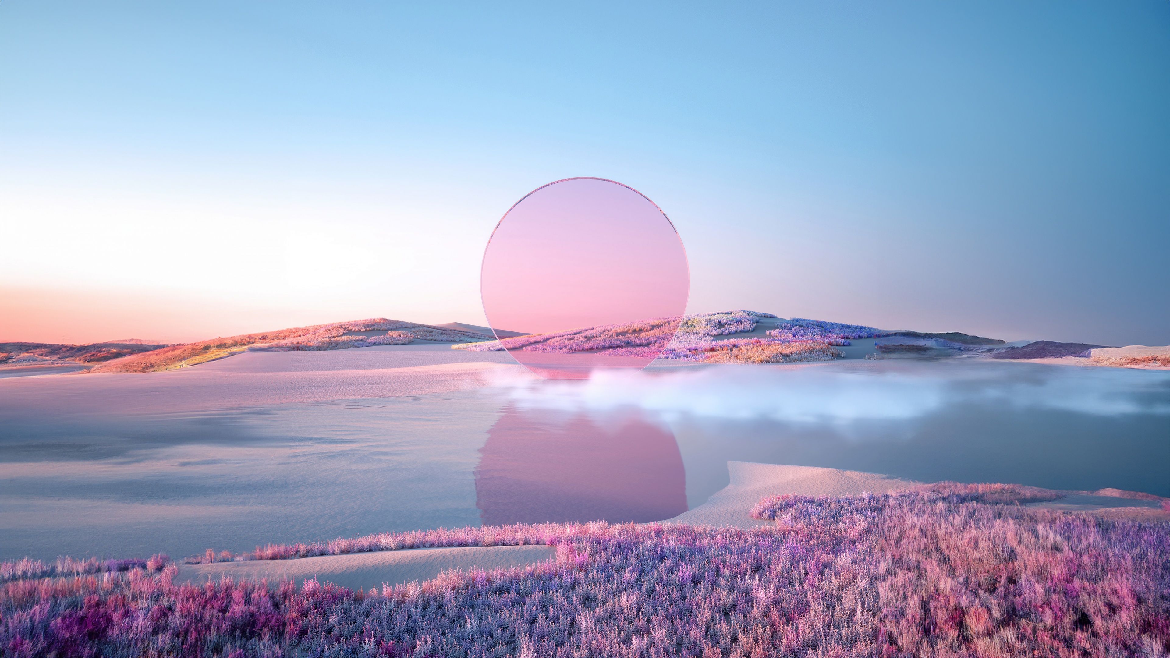 Pink aesthetic Wallpaper 4K, Sunset, Landscape, Lake
