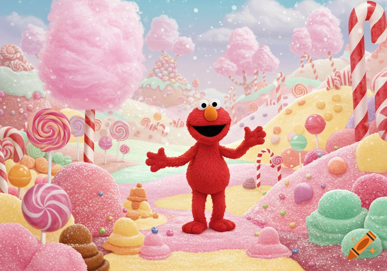 Elmo stands smiling in a colorful, whimsical candy land with lollipops, candy canes, and cotton candy trees. on Craiyon