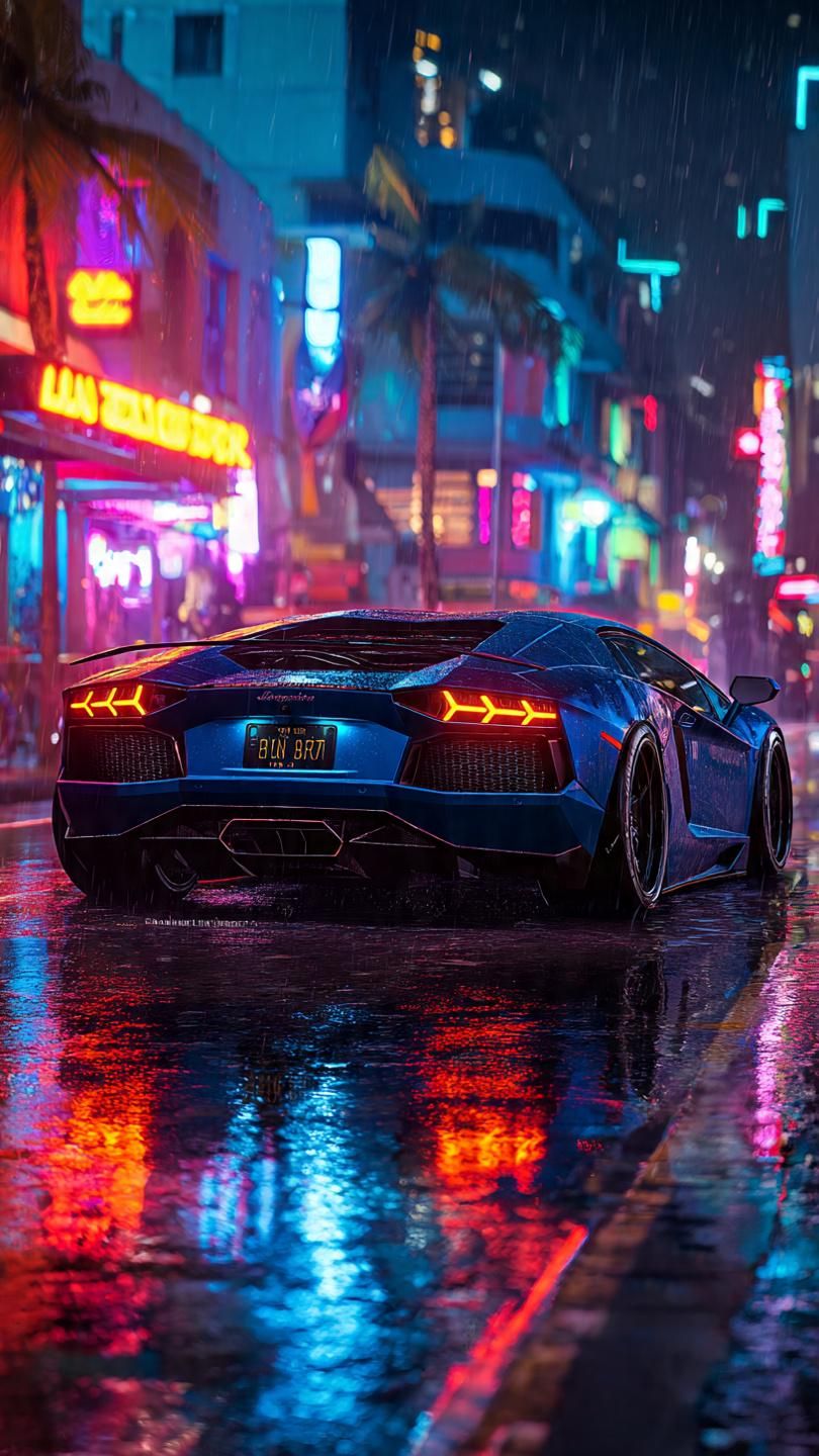 A Lamborghini Aventador Parked On A Wet Neon Lit Street At Night, Vibrant Reflections, Glowing Colors, Cinematic Atmosphere, Ultra Realistic Details, Dramatic Perspective, High Energy Wallpaper Aesthetic V 6 Ar 16:9 Style Raw