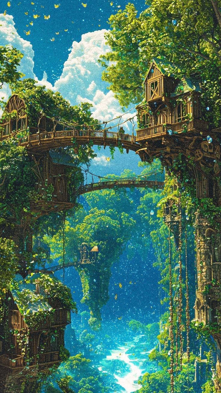Solarpunk aesthetic wallpaper. Solar punk wallpaper, Magical treehouse village wallpaper, Fantasy art landscapes