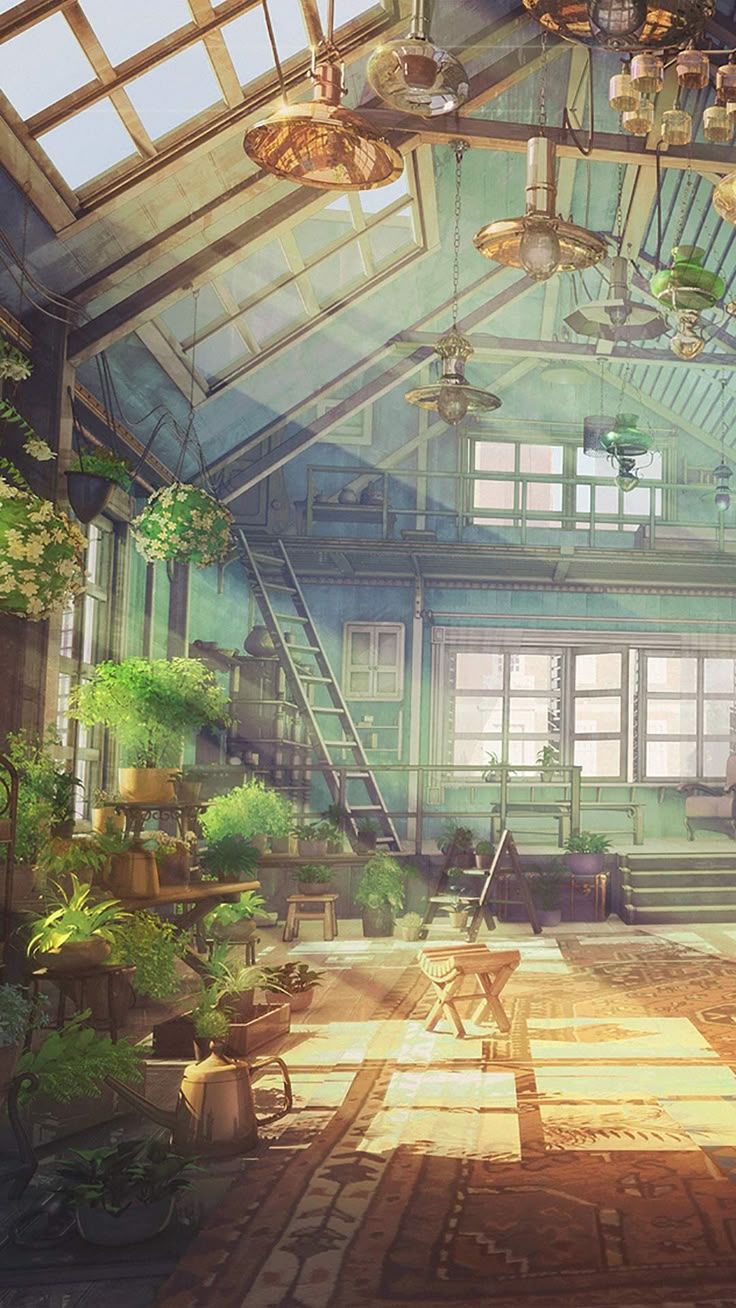 Interior of Old Building with Potted Plants. Solarpunk room, Solarpunk background, Solarpunk aesthetic wallpaper