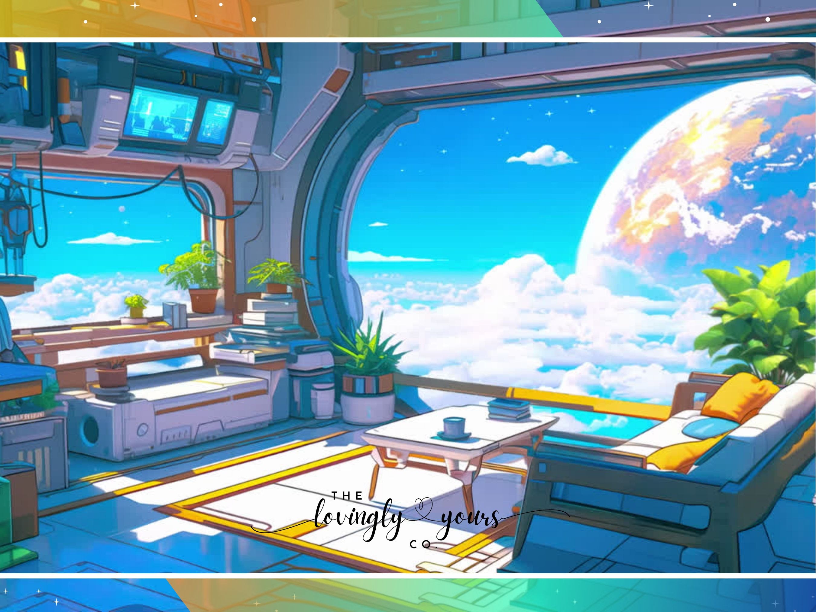 Solarpunk Living Room Animated Lofi Video Background Cozy Anime Style Spaceship Vtuber Background Twitch Overlay Seamless Loop