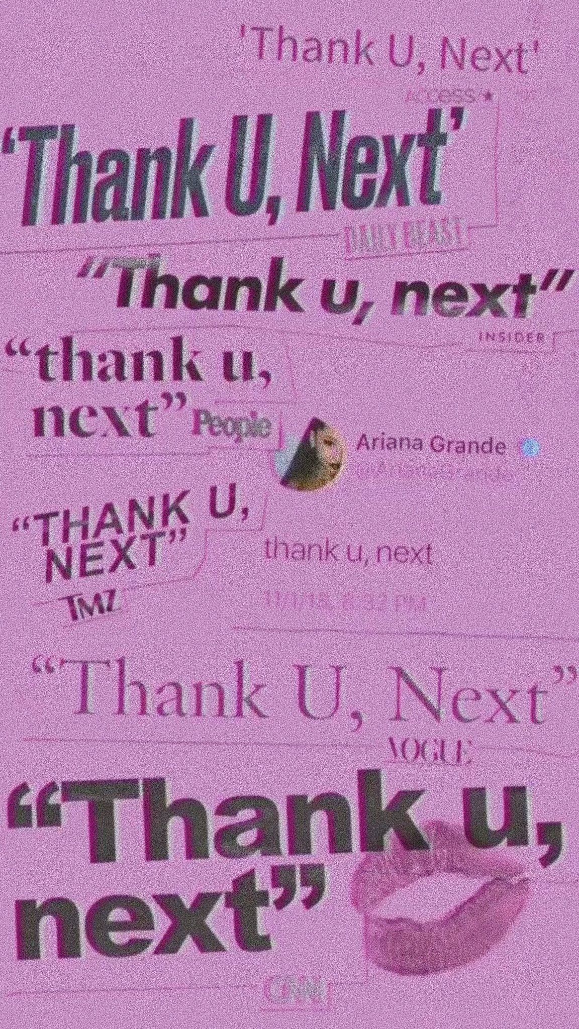 A collage of the words Thank U, Next in various fonts and sizes. - Ariana Grande