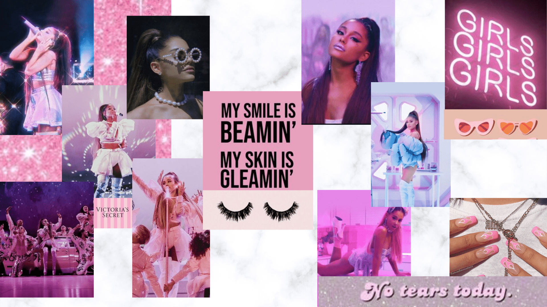 A collage of Ariana Grande's 'Sweetener' era, with a pink aesthetic and the lyrics 