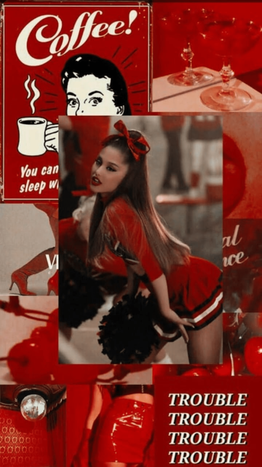 A collage of a red aesthetic background with Ariana Grande and coffee. - Ariana Grande