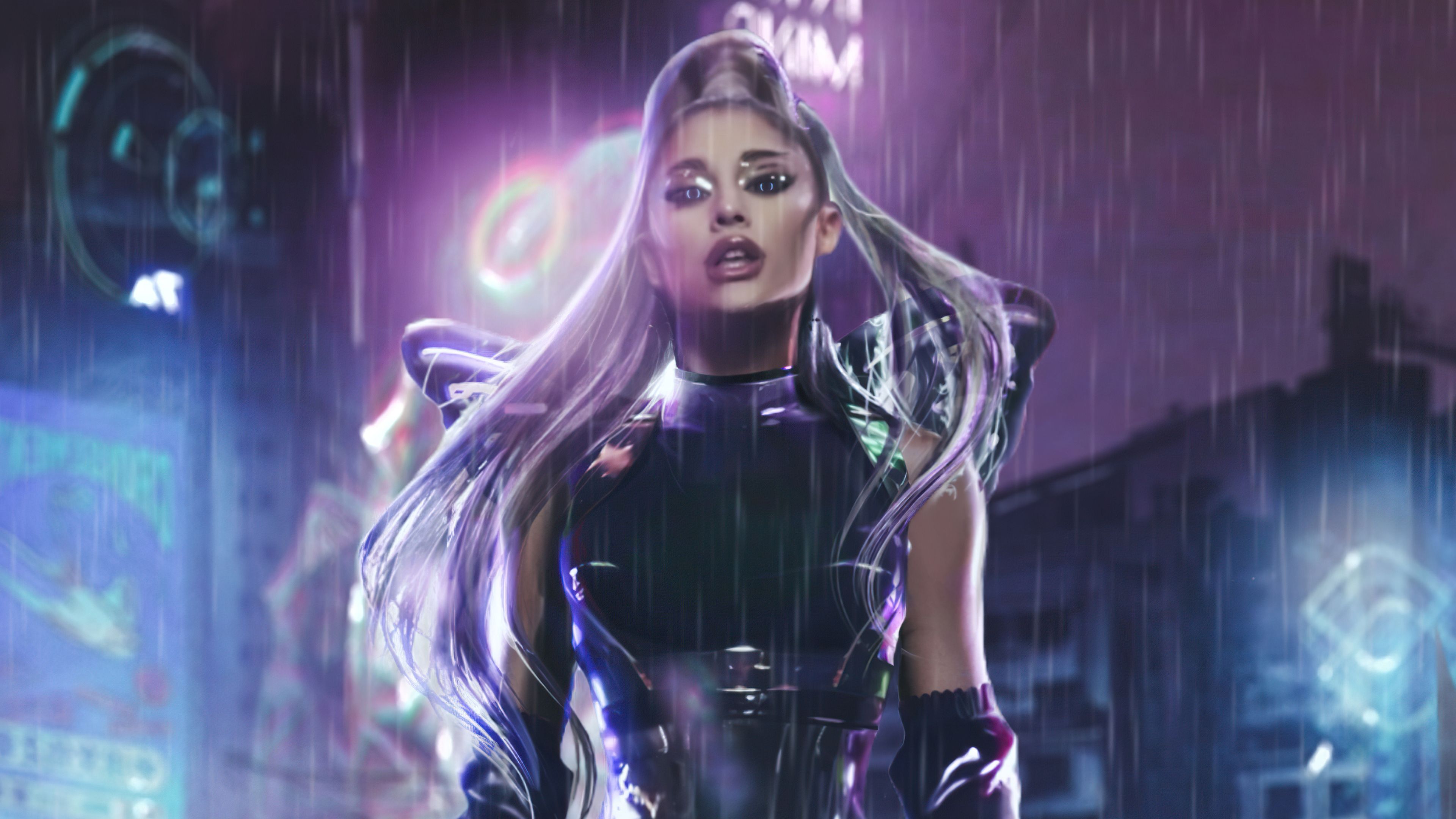 A woman in the rain with long hair and purple clothing - Ariana Grande