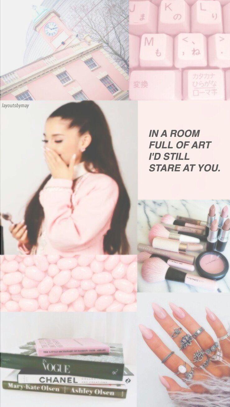 A collage of pink aesthetic images including ariana grande, makeup, and books - Ariana Grande