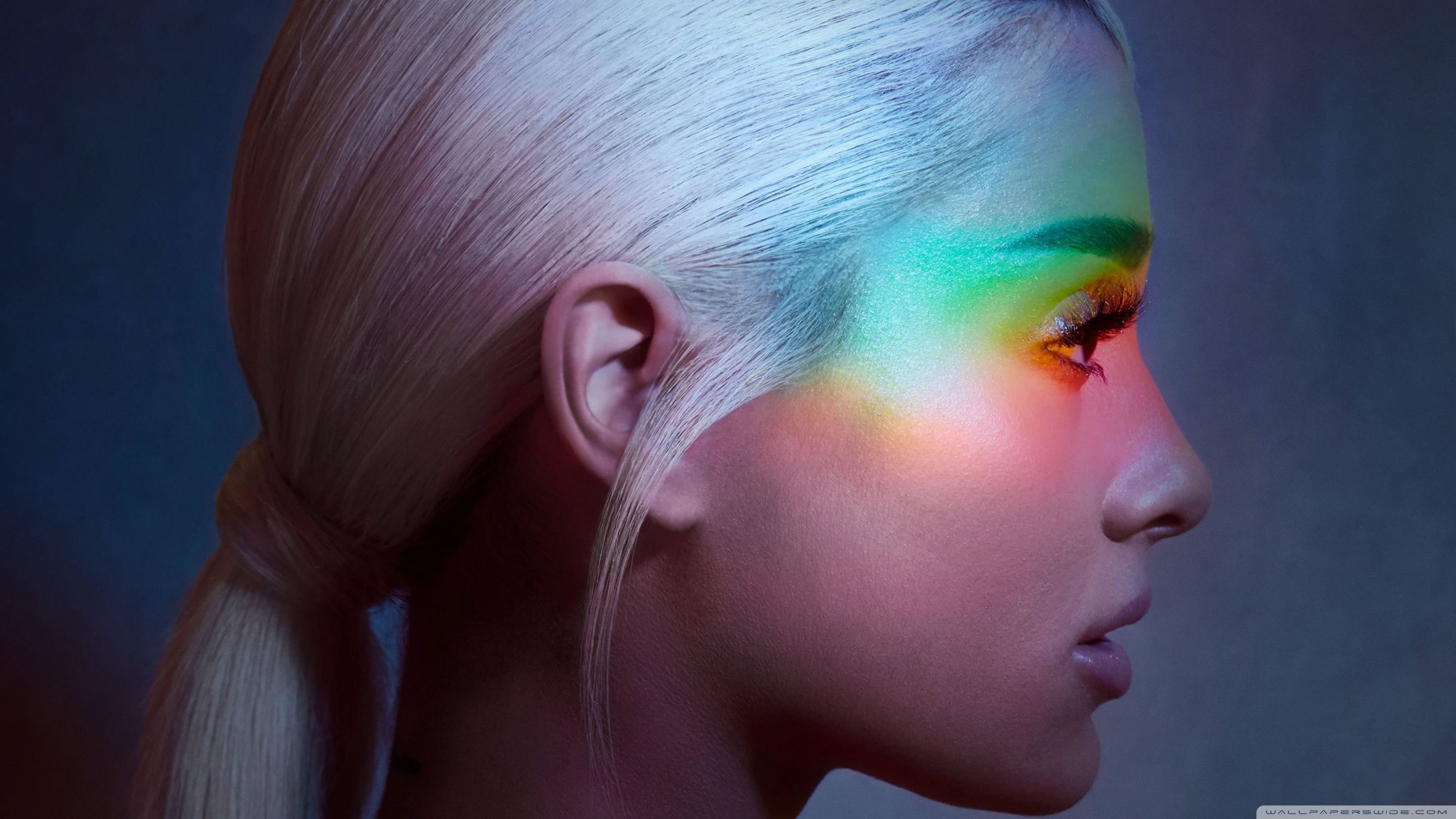 Ariana Grande in the studio, blonde hair, colorful eye shadow, 5120x2880 wallpaper - Ariana Grande