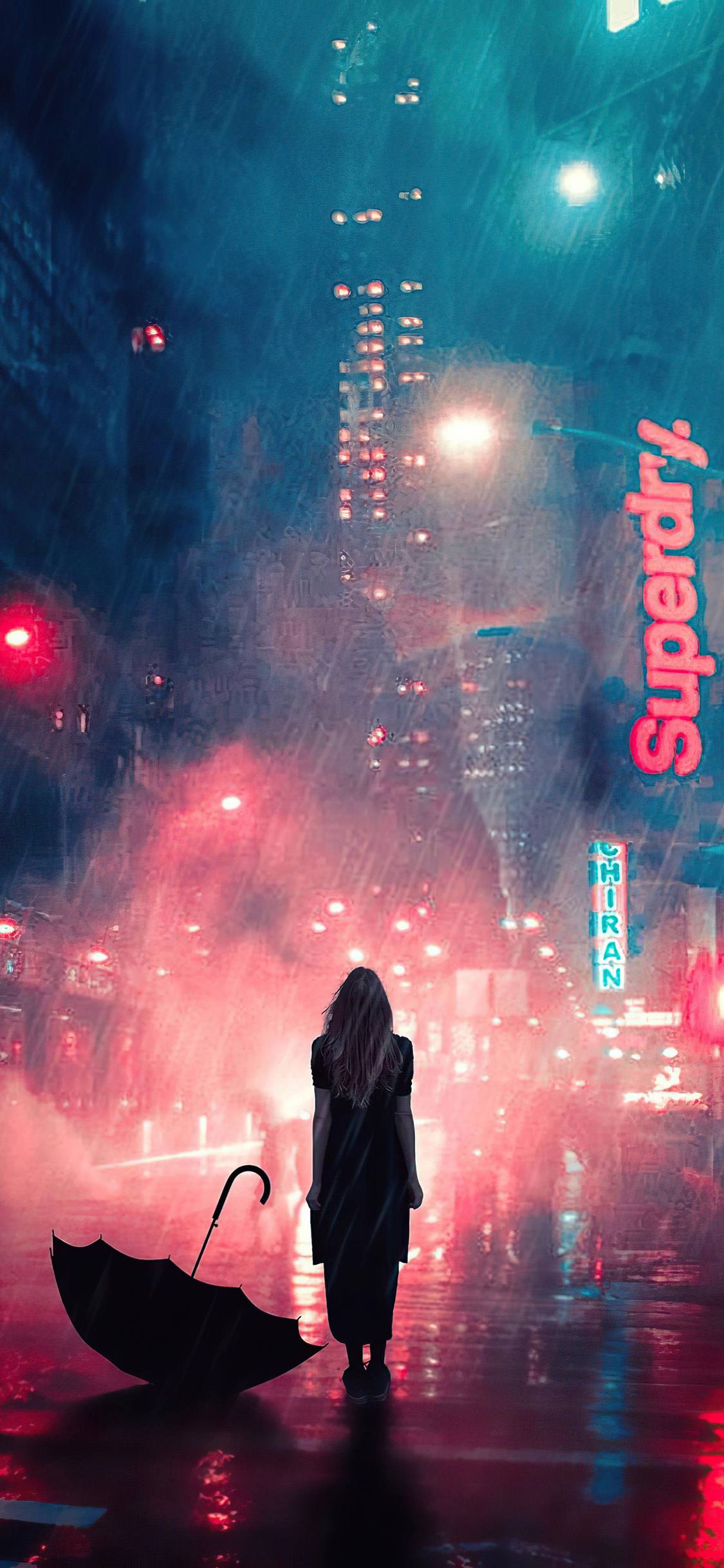 IPhone wallpaper of a woman standing in the rain in a city at night - Rain