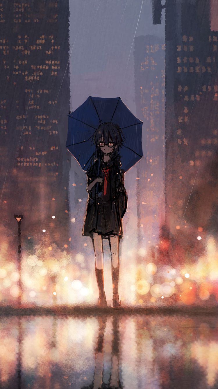 A girl standing in the rain with an umbrella - Anime, rain