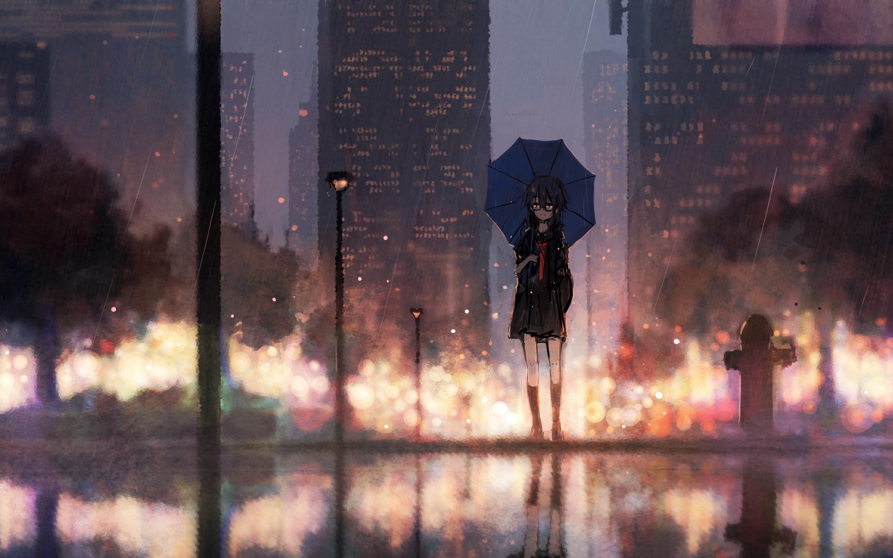 A painting of an umbrella in the rain - Rain