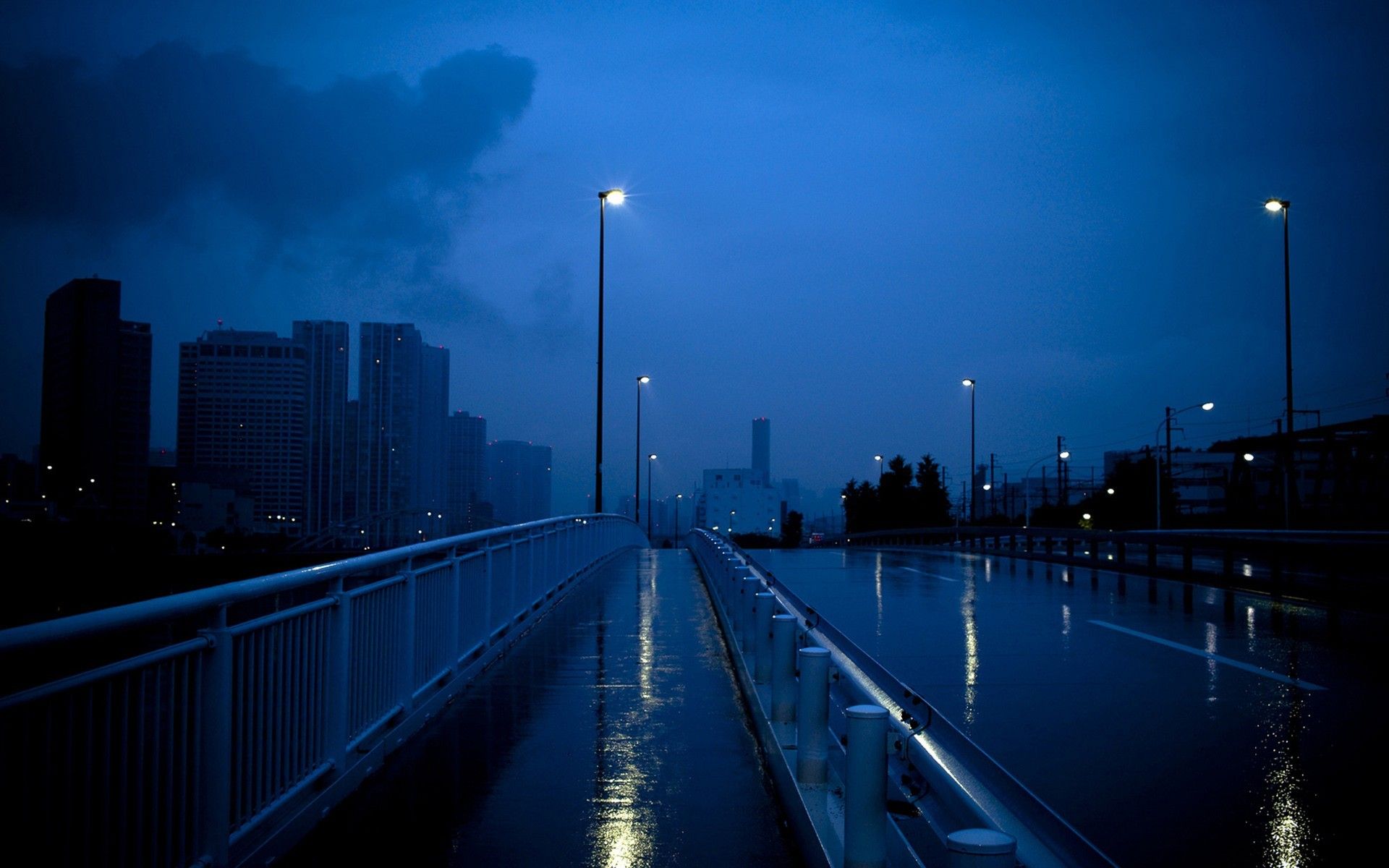 A bridge with a railing and street lights. - Desktop, Japanese, laptop, rain, HD, road, dark blue, 1920x1200