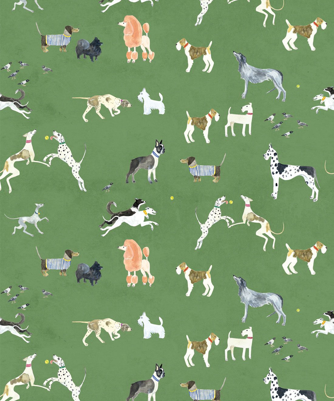 A pattern of dogs playing on green fabric - Dog