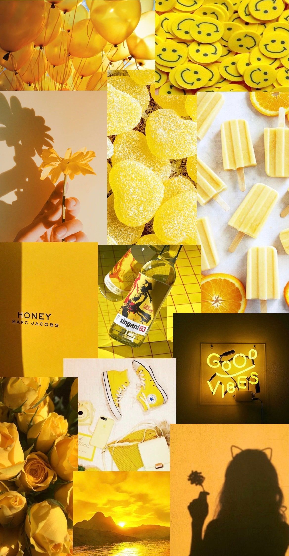Aesthetic phone background collage of yellow images - Yellow, honey, candy, Converse, balloons, ice cream, roses