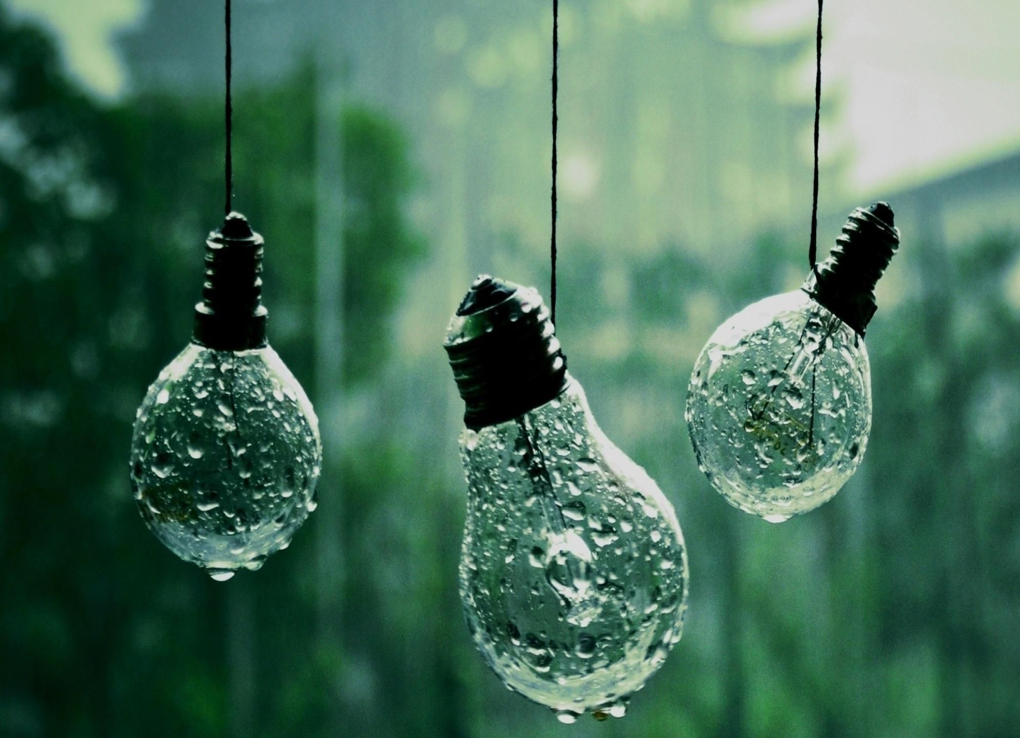 A group of light bulbs hanging from strings - Rain, sage green, lime green, soft green, light green