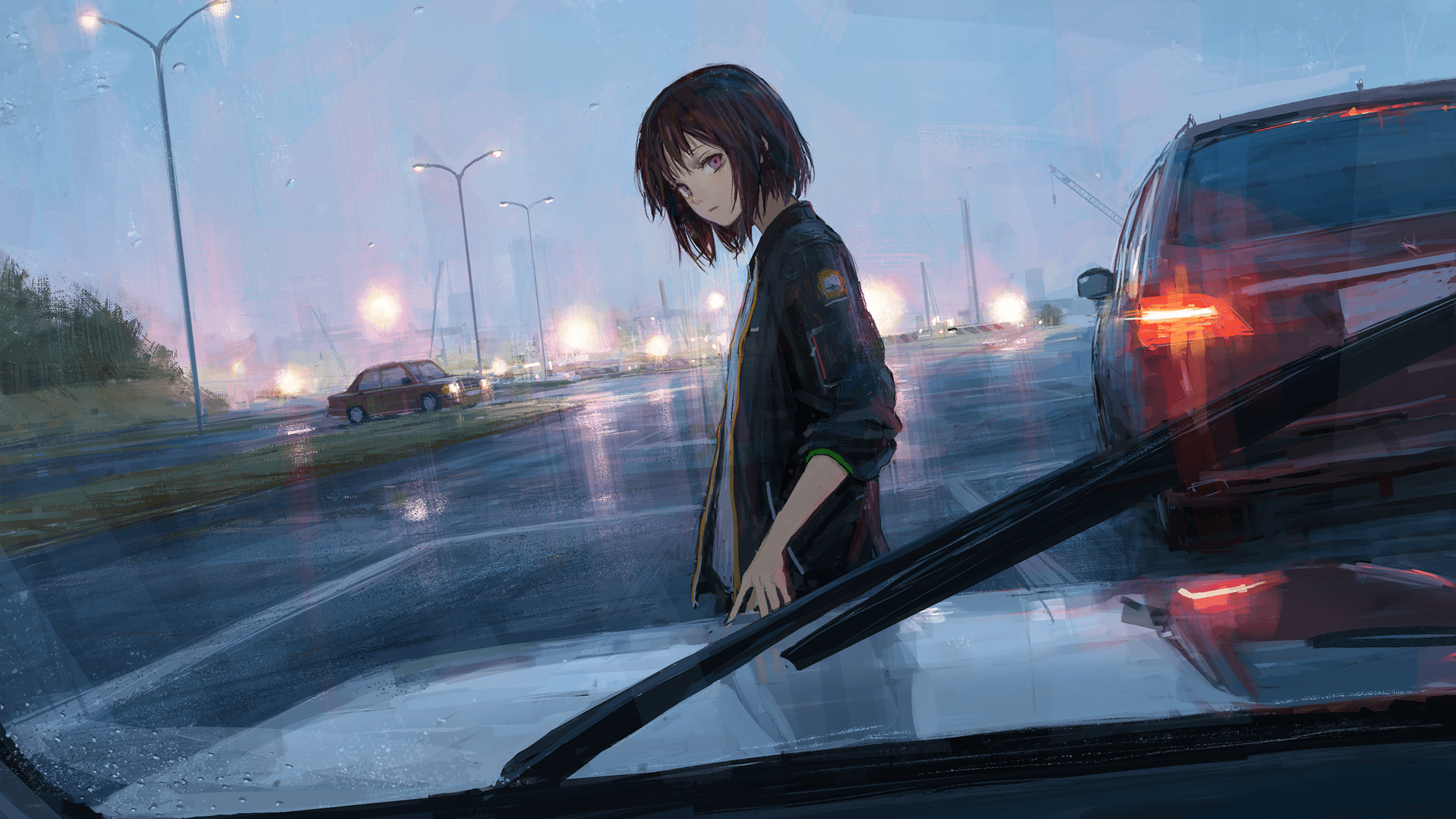 A woman stands on the road, looking out at the cars passing by. - Rain